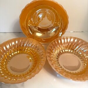 FIRE KING ANCHOR HOCKING Vintage Peach Carnival Glass Bowls Set 3 Iridescent